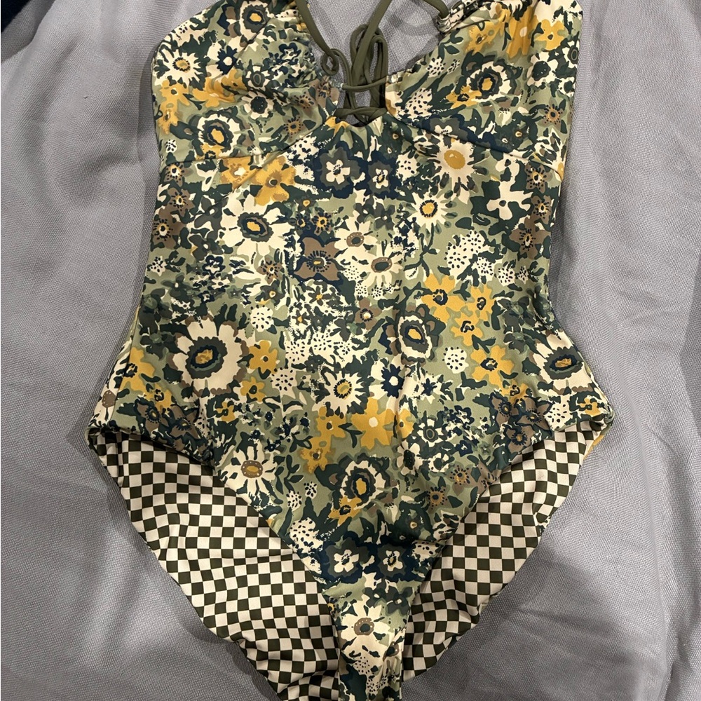 THE GREAT. Floral and Checkered One Piece Swimsuit in Green and Yellow